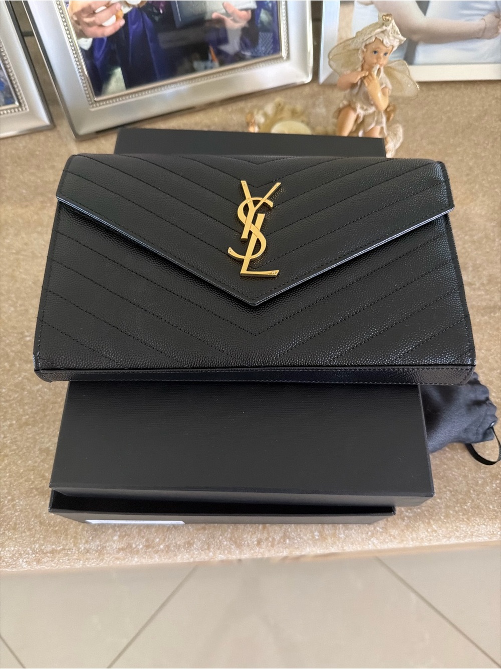 Saint Laurent Black Chevron Leather Envelope Clutch with Gold Logo